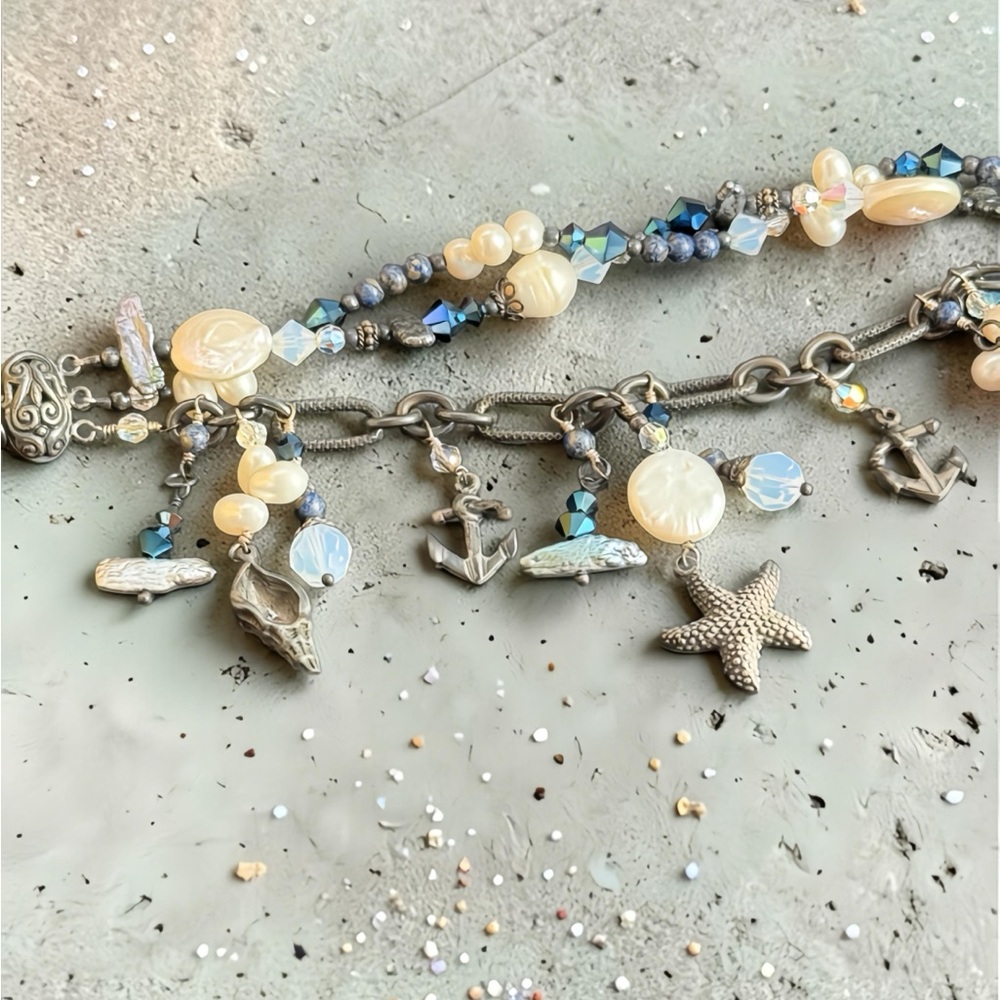 Tres Jolie Sterling silver seashell charm Multi-Strand Bracelet Pearls Crystals